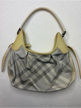Burberry Checked Gray Nylon & Trimmed Smoke Patent Leather Shoulder Hobo Bag